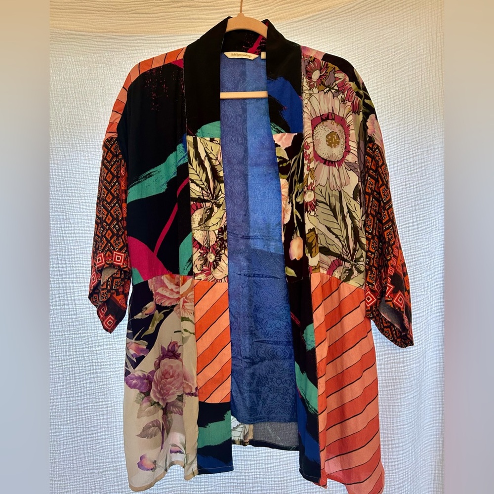 Soft Surroundings Abstract Floral Colorful Patchwork Kimono Topper Small Medium